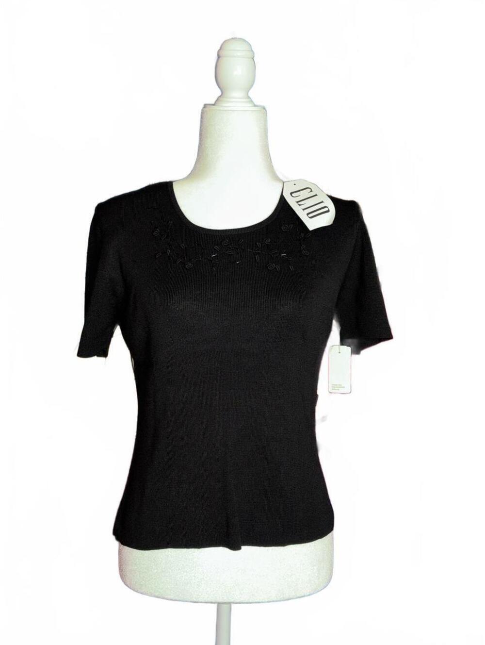 NWT Vintage 90s Clio black silk & cotton blouse with beaded detail